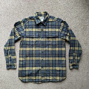 LL Bean Shirt Mens Medium Flannel Blue Green Yellow Point Collar Traditional Fit